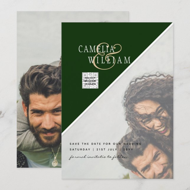 Invitación Boda fotográfica moderna invita a QR CÓDIGO Rsvp V (Anverso / Reverso)