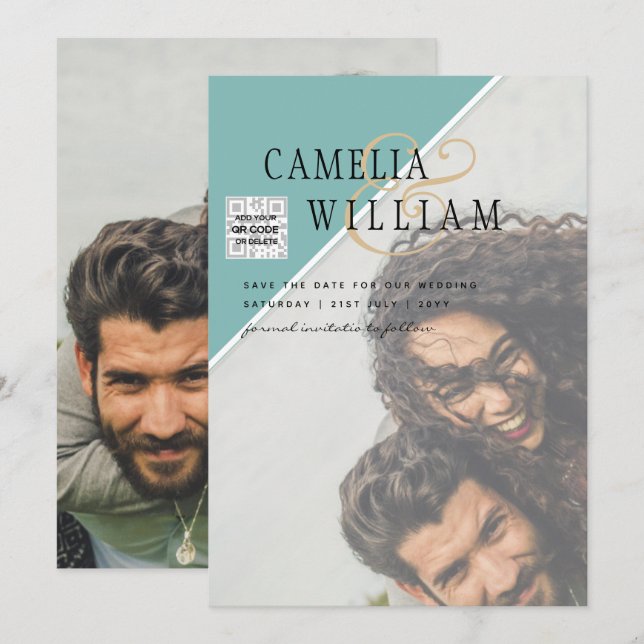 Invitación Boda fotográfica moderna invita al CÓDIGO QR RSVP  (Anverso / Reverso)