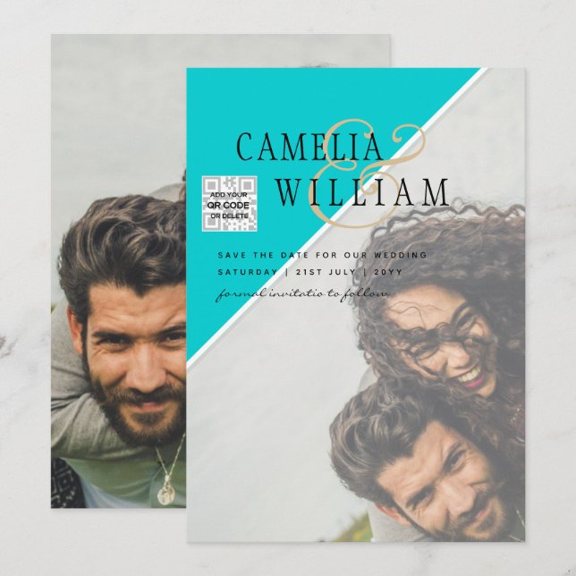 Invitación Boda fotográfica moderna invita al CÓDIGO QR RSVP  (Anverso / Reverso)