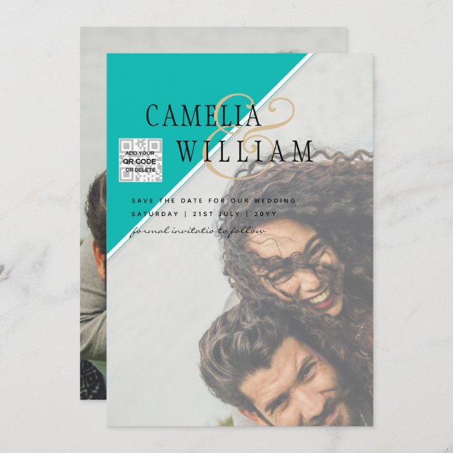 Invitación Boda fotográfica moderna invita al CÓDIGO QR RSVP  (Anverso / Reverso)