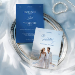 Invitación Boda Fotográfica Moderna Minimalista Azul y Blanco