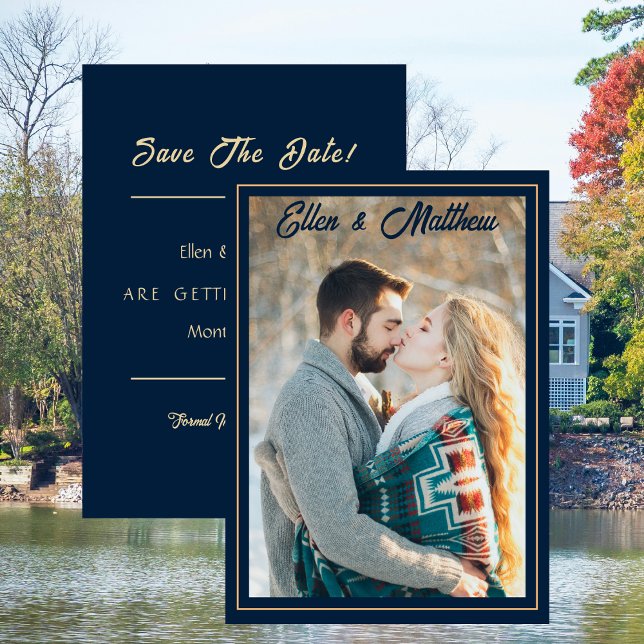Invitación Boda fotográfica salva la fecha de la marina moder (Photo Wedding Save the Date Modern Navy with Gold Invitation)