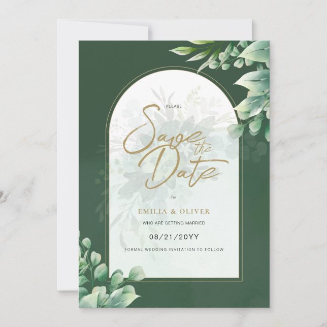 Invitación Boda FOTOGRÁFICA Salven la fecha verde botánico rú (Anverso)