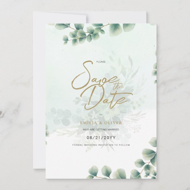 Invitación Boda FOTOGRÁFICA Salven la fecha verde botánico rú (Anverso)