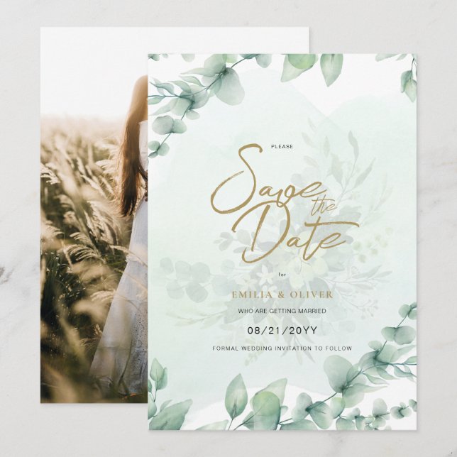 Invitación Boda FOTOGRÁFICA Salven la fecha verde botánico rú (Anverso / Reverso)