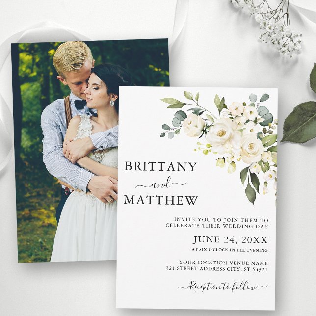 Invitación Boda fotográfico acuarela blanca floral (Customize to change text size, color or text style.)