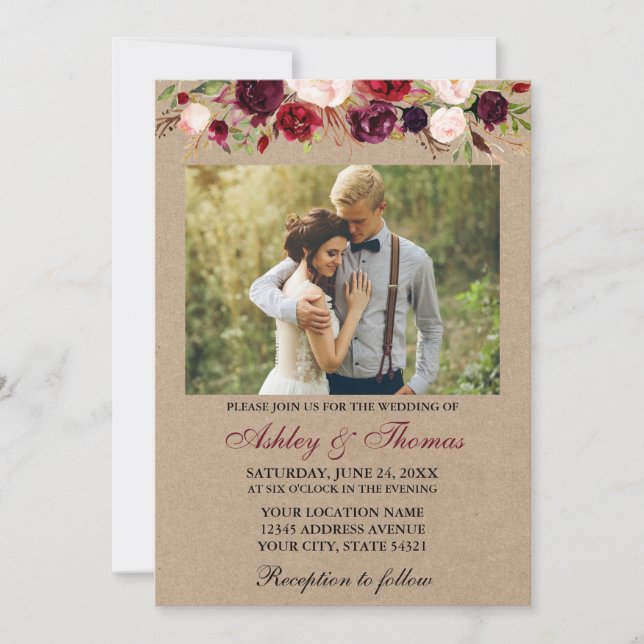 Invitación Boda fotográfico acuarela de Burgundy Floral Kraft (Anverso)