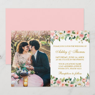 Invitación Boda fotográfico acuarela de color rosa blanco flo