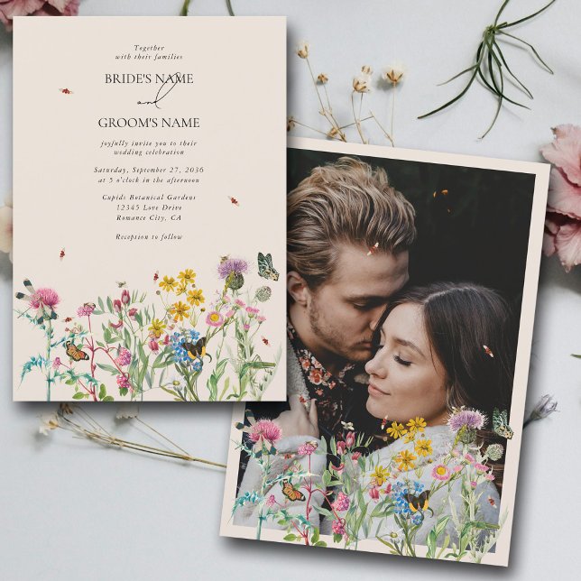Invitación Boda fotográfico acuarela de Wildflower Garden (Watercolor Wildflower Garden Couple Photo Wedding Invitation)