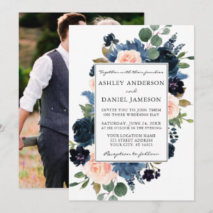 Invitación Boda fotográfico acuarela rosa con color azul turb