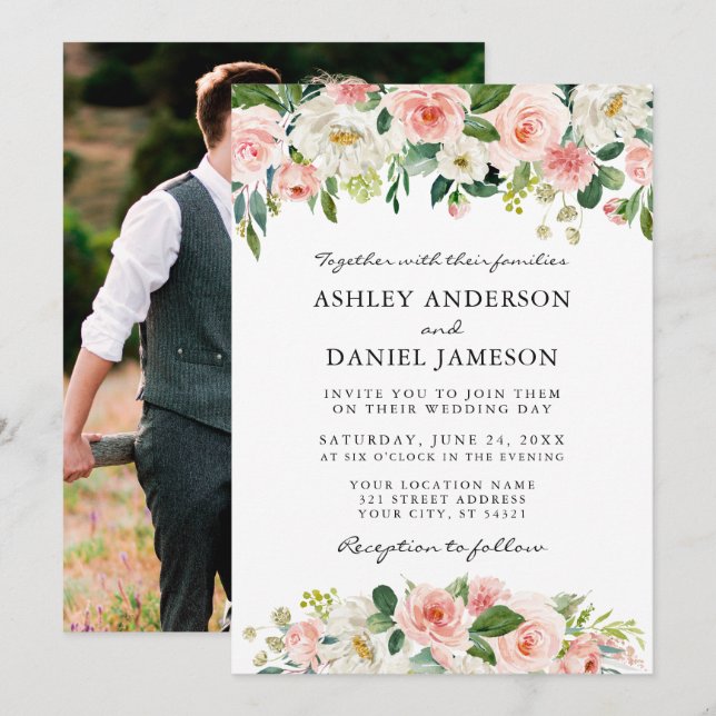 Invitación Boda fotográfico acuarela rosa Rubor blanco floral (Anverso / Reverso)