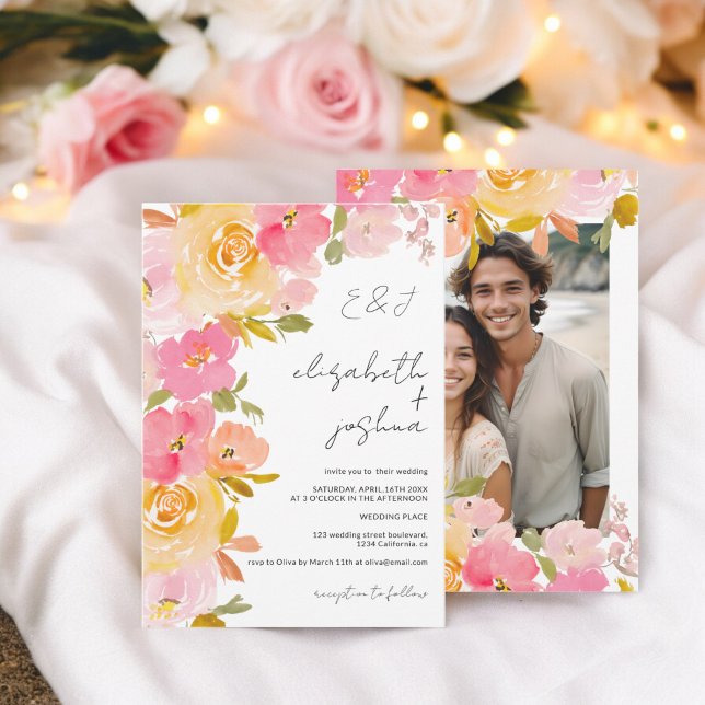 Invitación Boda fotográfico amarillo rosa amarillo boho román (Romantic boho pink yellow floral photo wedding invitation)