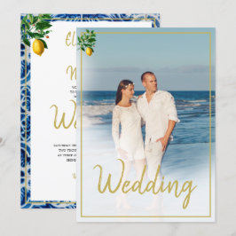 Invitación Boda fotográfico azul azul de mosaico toscano limó