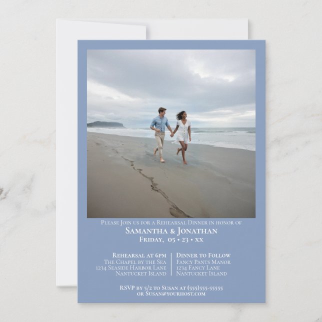 Invitación Boda fotográfico azul claro mínimo para la cena (Anverso)