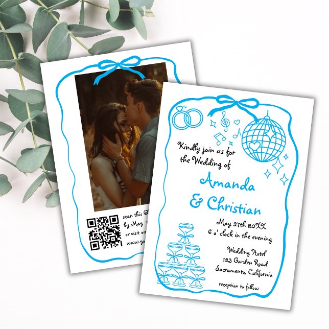 Invitación Boda fotográfico azul con dibujos a mano caprichos (Subido por el creador)