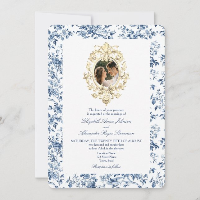 Invitación Boda fotográfico azul con flores de tela francesa (Anverso)