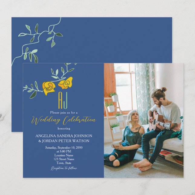 Invitación Boda fotográfico azul de la armada amarilla en neg (Anverso / Reverso)