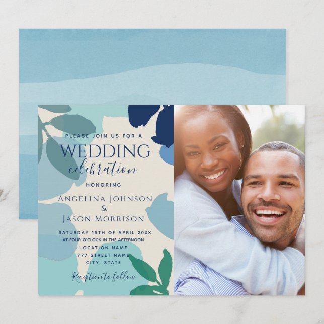 Invitación Boda fotográfico azul de la Marina Botánica Boho (Anverso / Reverso)