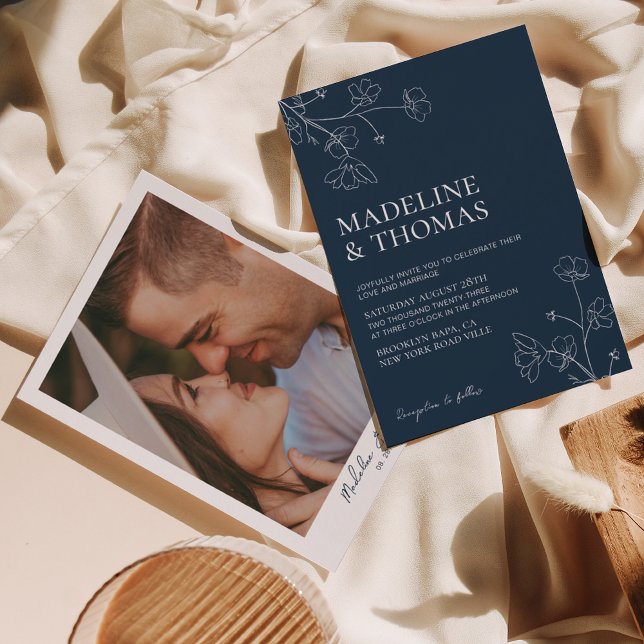 Invitación Boda fotográfico azul de la Marina Botánica Simple (Subido por el creador)