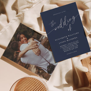 Invitación Boda fotográfico azul de la marina de caligrafía c