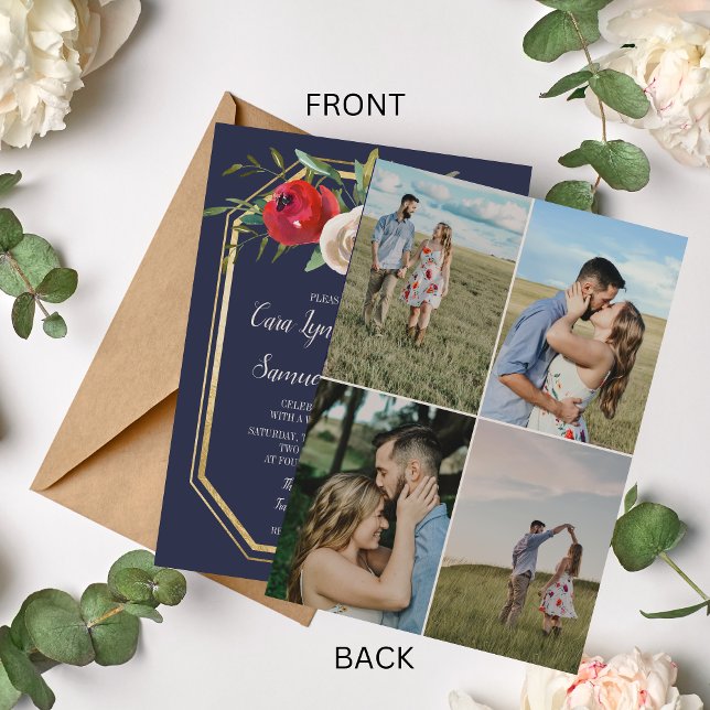 Invitación Boda fotográfico azul de la Marina Floral Radiante (Subido por el creador)