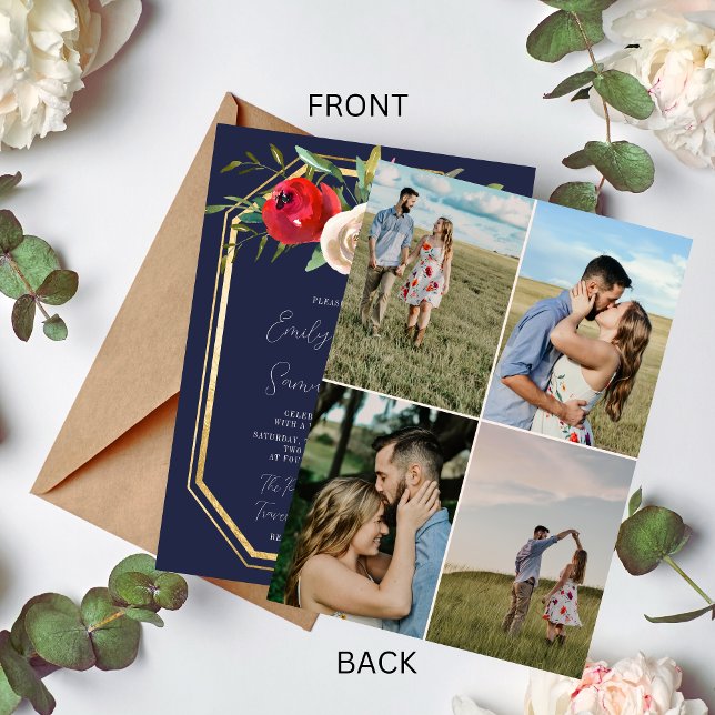 Invitación Boda fotográfico azul de la Marina Floral Radiante (Subido por el creador)