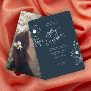 Invitación Boda fotográfico azul de la Marina Froral Mínima