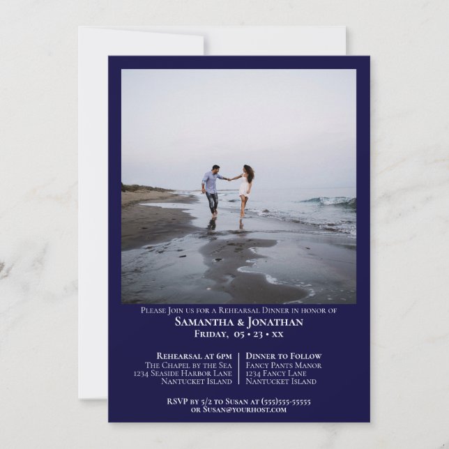 Invitación Boda fotográfico azul de la marina mínima para la  (Anverso)