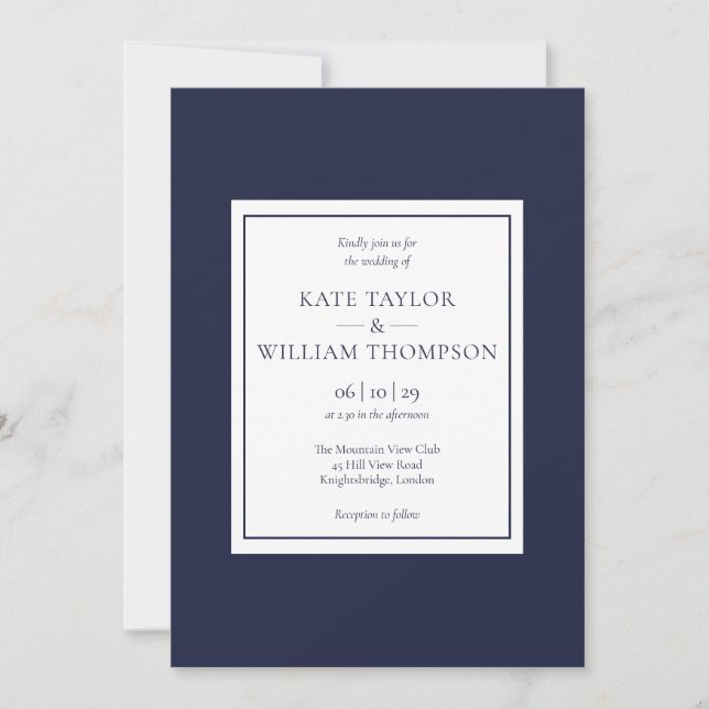 Invitación Boda fotográfico azul de la Marina Moderna Clásica (Anverso)