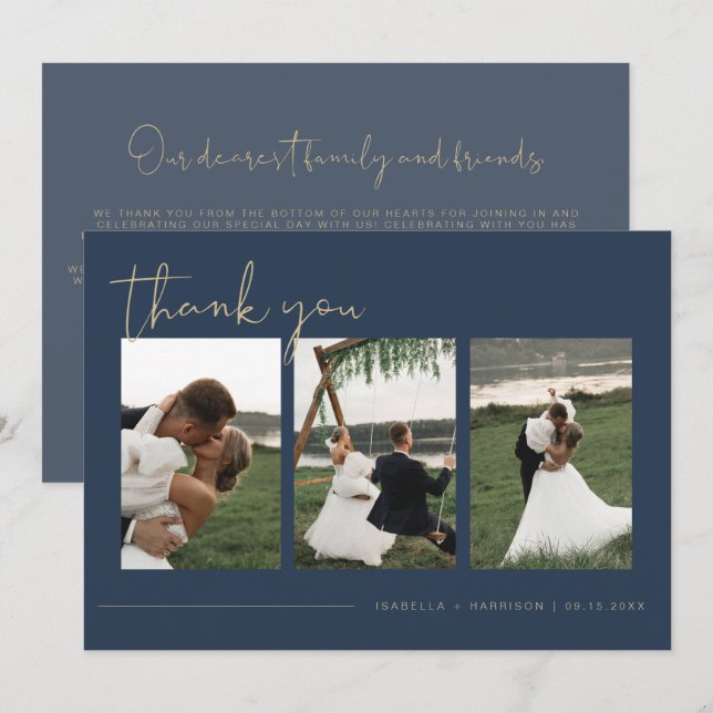 Invitación BODA fotográfico azul de la marina moderna de CAIT (Anverso / Reverso)