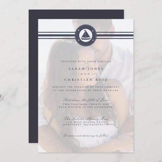 Invitación Boda fotográfico azul de la marina náutica  (Anverso / Reverso)