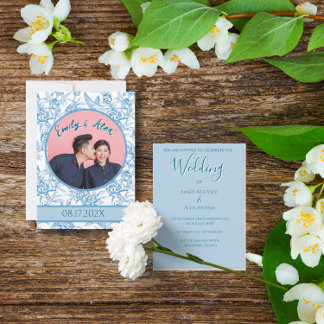 Invitación Boda fotográfico azul de pájaro floral toile