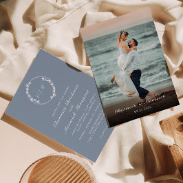 Invitación Boda fotográfico azul fuerte monograma hoja