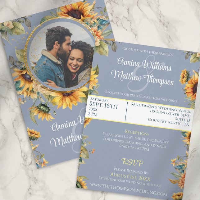 Invitación Boda fotográfico azul girasol con RSVP (Subido por el creador)