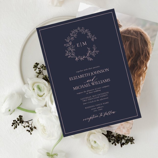 Invitación Boda fotográfico azul marino Rubor en monograma ro (Subido por el creador)