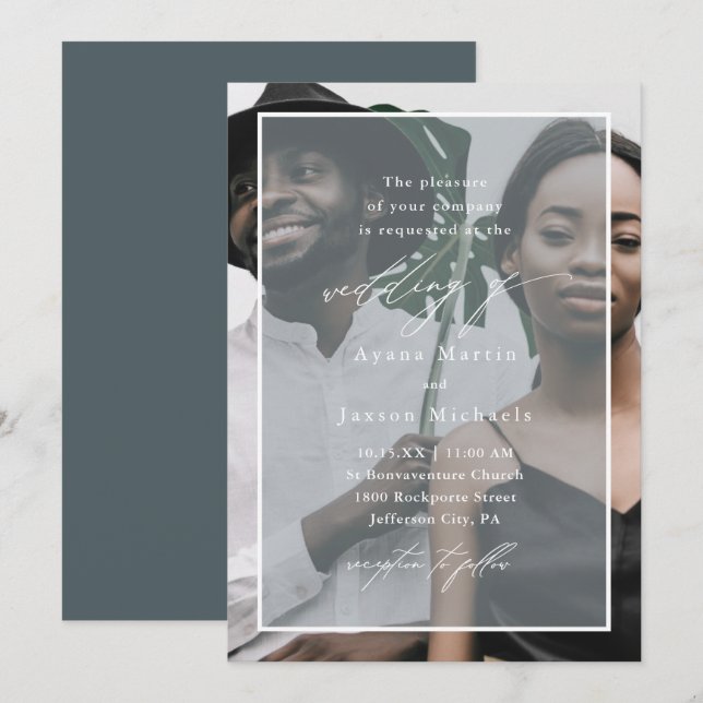 Invitación Boda fotográfico azul moderno y elegante (Anverso / Reverso)
