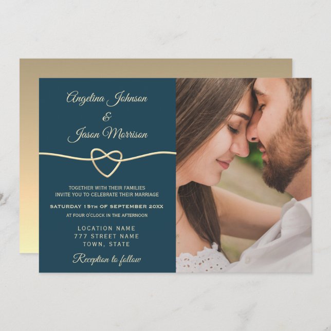 Invitación Boda fotográfico azul romántico (Anverso / Reverso)