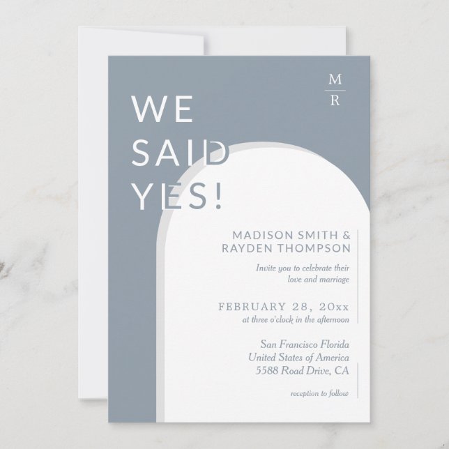 Invitación Boda fotográfico azul y agitado en un arco moderno (Anverso)