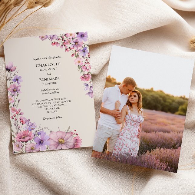 Invitación Boda fotográfico Beige de flor silvestre moderna (Subido por el creador)