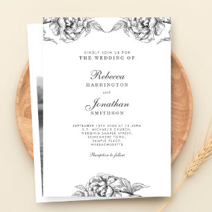 Invitación Boda fotográfico blanco negro con flores de época