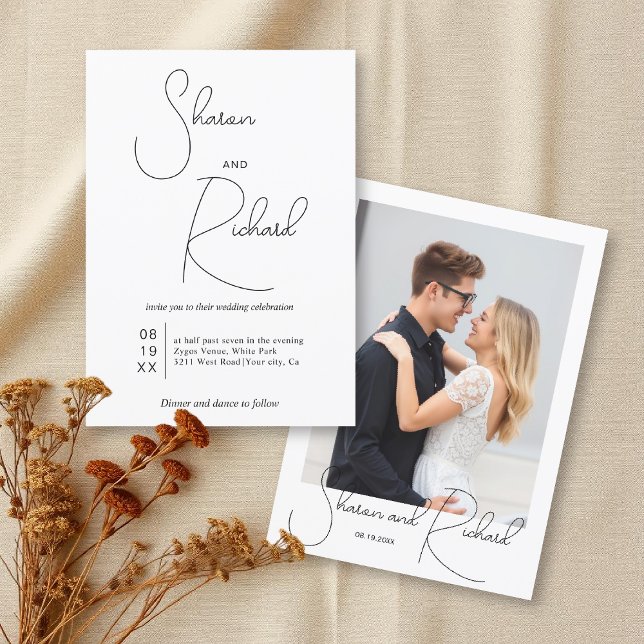 Invitación Boda fotográfico blanco negro de caligrafía capric (Subido por el creador)