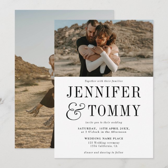 Invitación Boda fotográfico blanco negro y negrita moderno (Anverso / Reverso)
