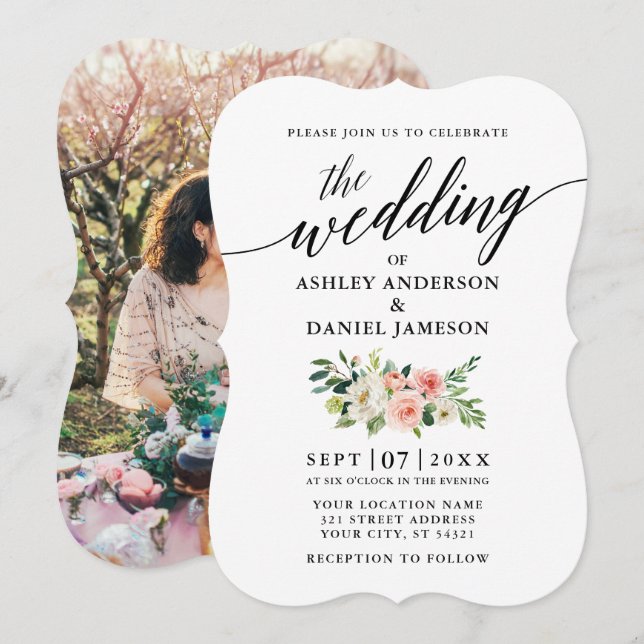 Invitación Boda fotográfico blanco rosado con caligrafía (Anverso / Reverso)