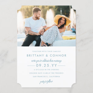 Invitación Boda fotográfico blanco y azul de Moda moderna