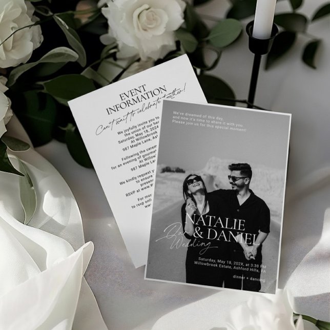 Invitación Boda fotográfico blanco y negro moderno todo en un (All-in-One Modern Black & White Photo Wedding Invitation)