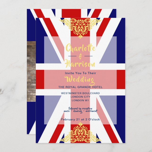 Invitación Boda fotográfico Blue de la Unión Británica Jack R (Anverso / Reverso)