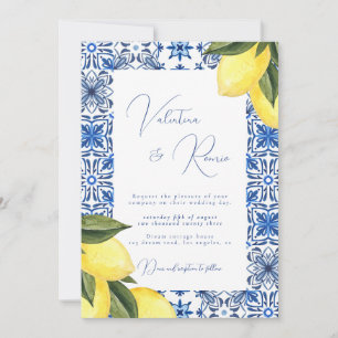 Invitación Boda fotográfico Blue Mediterranean Tile y citrus