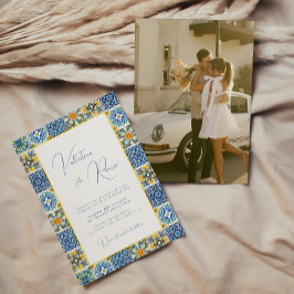 Invitación Boda fotográfico Blue Mediterranean Tile y citrus