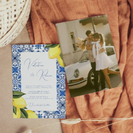 Invitación Boda fotográfico Blue Mediterranean Tile y citrus