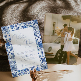 Invitación Boda fotográfico Blue Mediterranean Tile y citrus